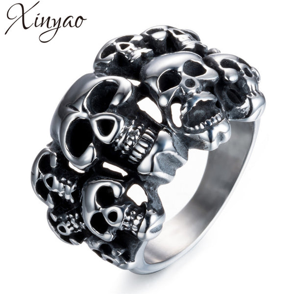 XINYAO 2017 Exaggerated Retro Stainless Steel Skull Male Ring Punk Antique Silver Color Motorcycle Biker Mens Rings Jewelry